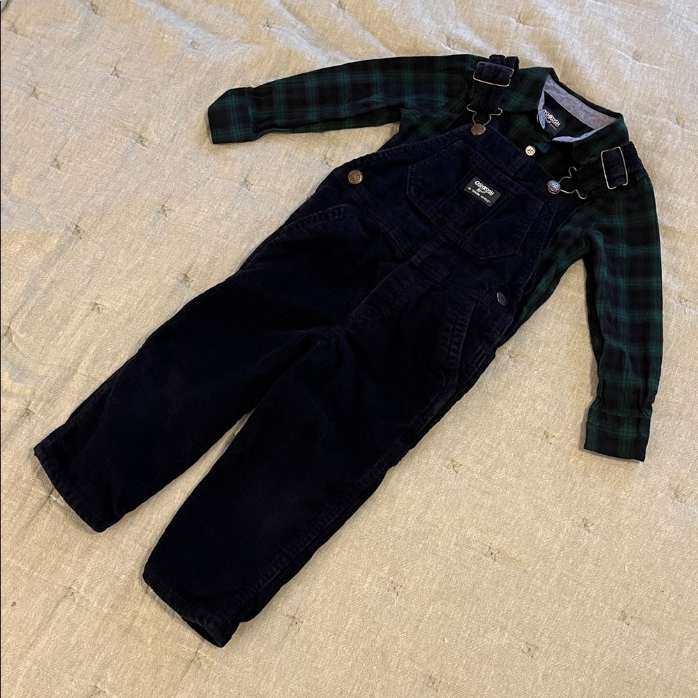 Kids Black Overalls with Green Plaid Shirt